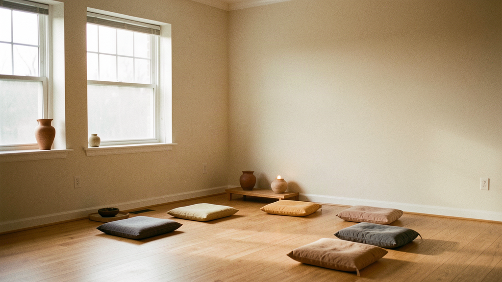 Quiet meditation room with cushions and morning light